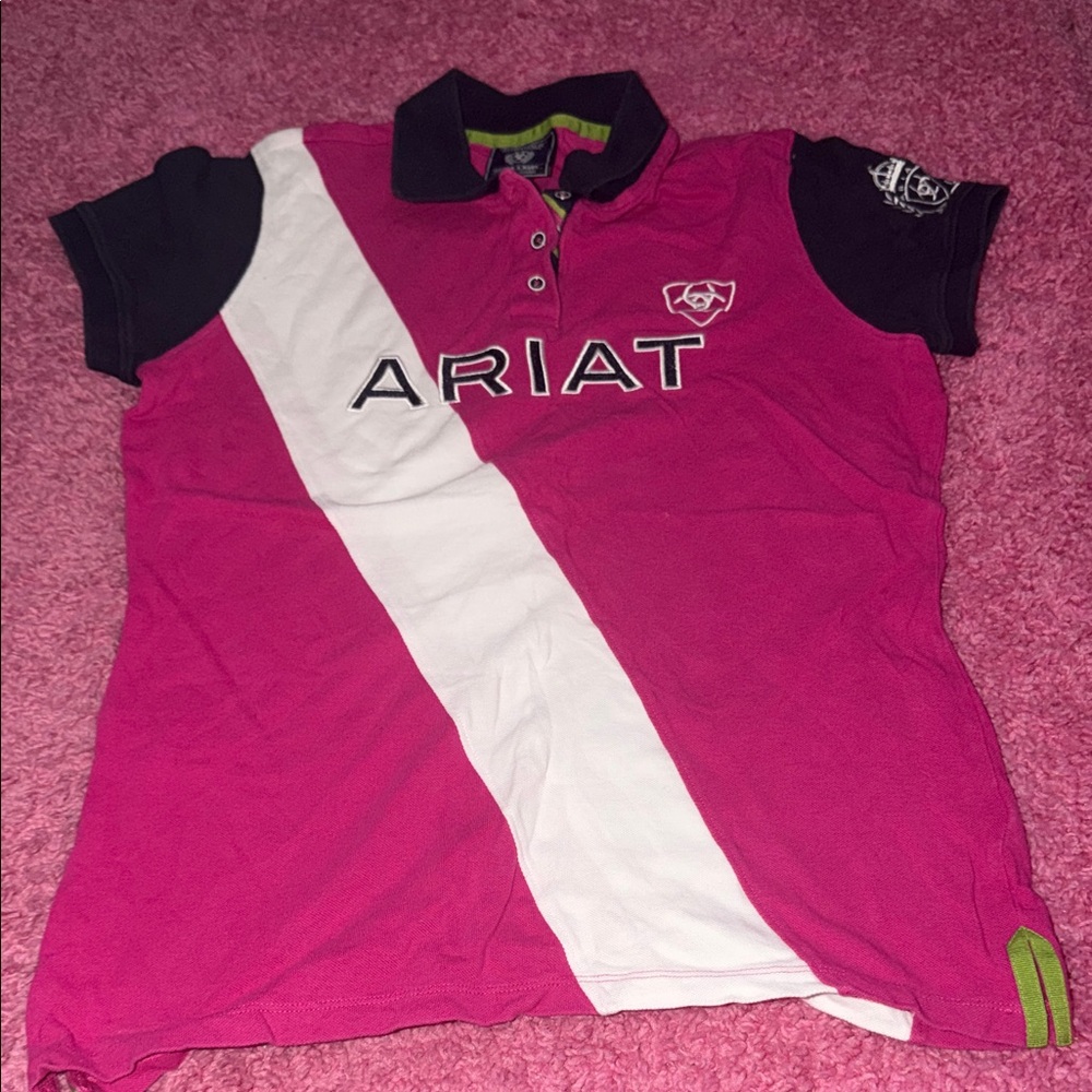 Ariat Hot Pink Polo with White Diagonal Stripe and Black Trim